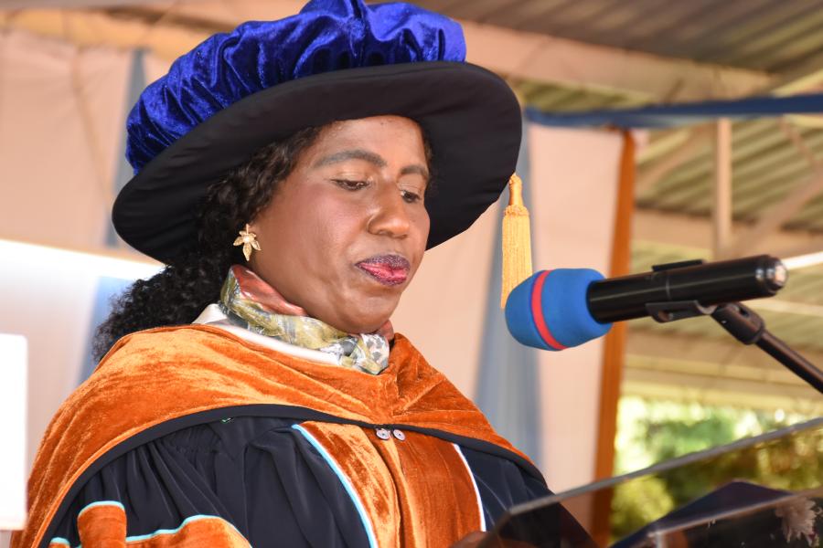 Dr. Beatrice Muganda Inyangala, Principal Secretary, State Department for Higher Education and Research, giving her speech during the 25th Graduation Ceremony at Maseno University